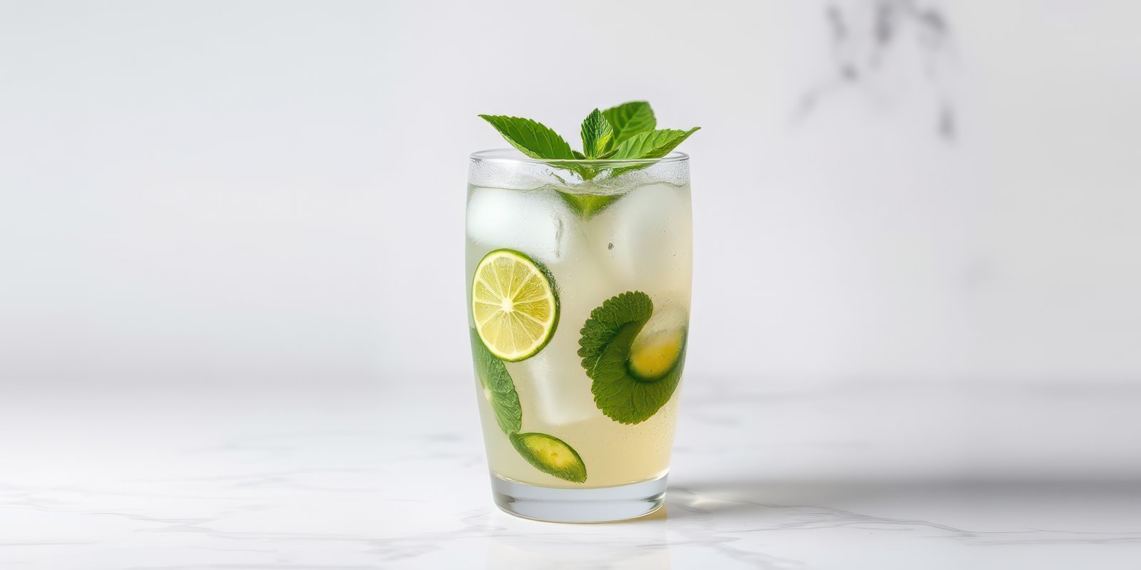 Refreshing beverage with lime, cucumber, and mint served in a tall glass with ice